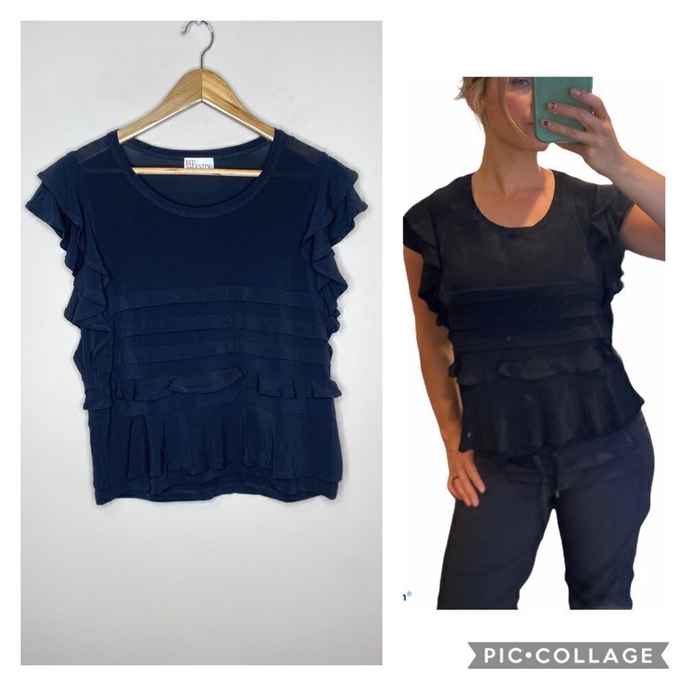 Red VALENTINO Black Tiered Ruffle Detail Top